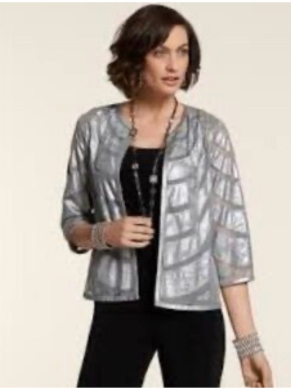NWT Chicos Travel Collection Wave Appliqué Margo Jacket Silver 2 L